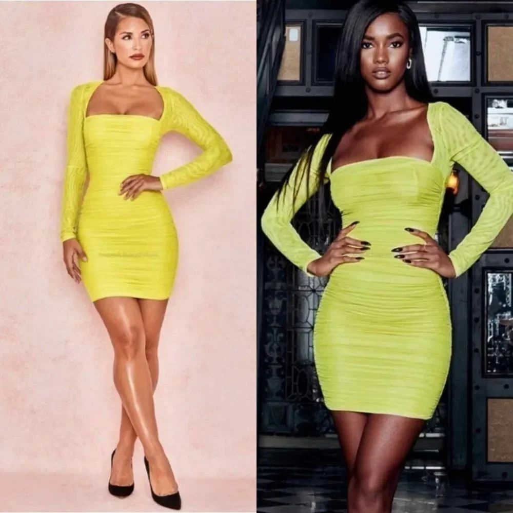 NWT House of CB Valentina Mini Yellow Dress Long Sleeve Ruched Organza Size XS